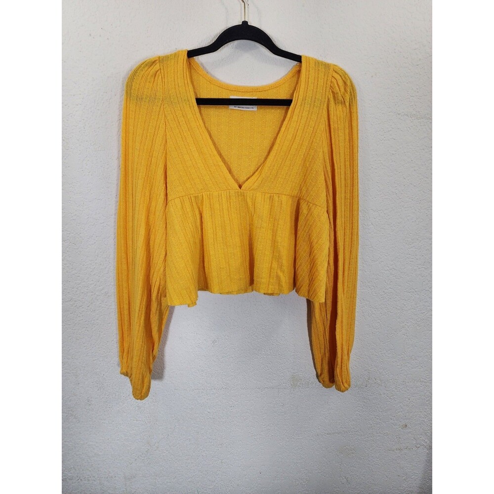 Urban Outfitters Womens Top S Yellow Ribbed Knit Long Sleeve V-Neck Peplum